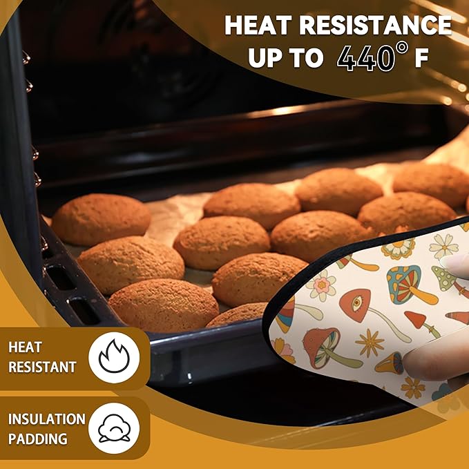 Retro Hippie Boho Mushrooms Groovy Flowers Pot Holder Set of 2,Heat Resistant Potholders Oven Hot Pads for Kitchen Cooking Baking BBQ