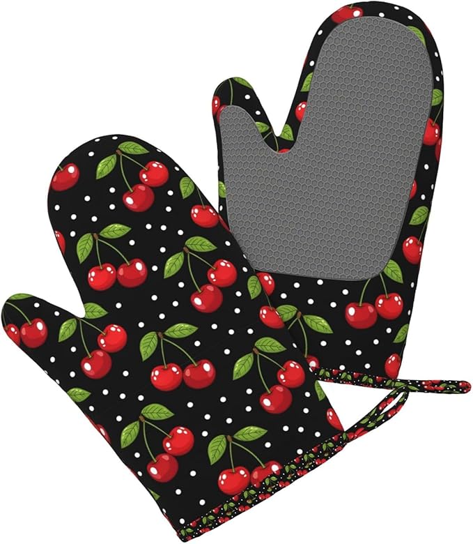 Cherry Print Silicone Oven Mitts Set of 2, Heat Resistant up to 500°F, Kitchen Oven Gloves with Non-Slip Grip and Soft Cotton Lining for Baking, Cooking and BBQ