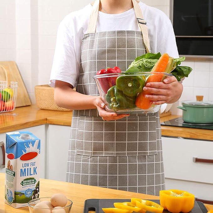 Tosewever 2 Pack Cotton Adjustable Bib Apron for Women, Cooking Kitchen Aprons with Pockets BBQ Drawing, Mom Woman Men Chef (Cotton - Grey/Green, 2)
