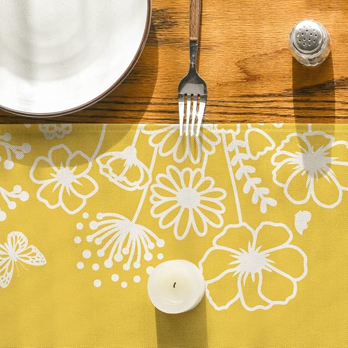 Artoid Mode Yellow Bloom Flowers Butterfly Spring Table Runner, Seasonal Holiday Kitchen Dining Table Decoration for Home Party Indoor 13x72 Inch