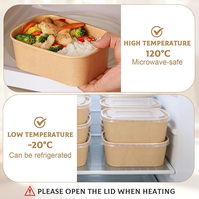50 Pack 33oz Disposable Kraft Paper Bowls with Lids, Rectangle Meal Prep Containers Bulk, Large Paper Salad Bowl, Leakproof Food Containers Treat Soup Serving Bowls, Microwave Safe for Hot/Cold Food