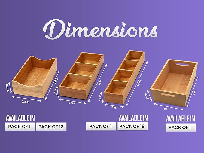 YBM HOME Pack of 12 Bamboo Drawer Organizer Storage Box for Spices and Kitchen Items, Lingerie, Small Tools, and Gadgets, 330