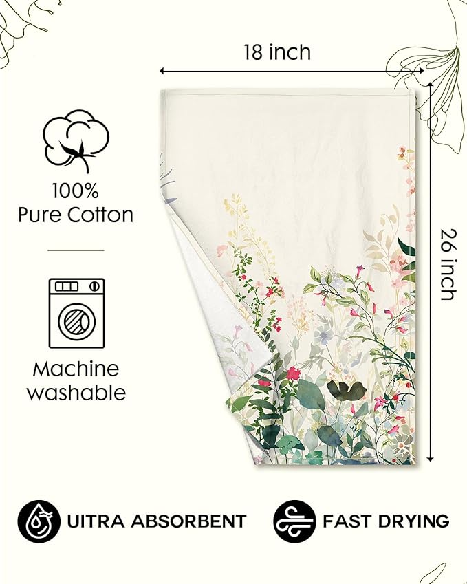 Miss Adola Flour Sack Kitchen Towels Set of 2-18x26 Cotton Dish Towels with Hanging Loop Reusable Tea Towel for Cleaning Spring Absorbent Dishcloths Cute Home Decor Housewarming, Ink Flowers