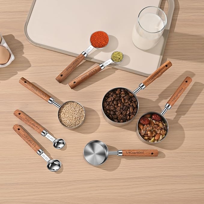 Wooden Handle Measuring Cups and Spoons Set 304 Stainless Steel Metric and US Measurements, Stackable Cups and Spoons, Fits for Measuring Dry and Liquid Ingredients