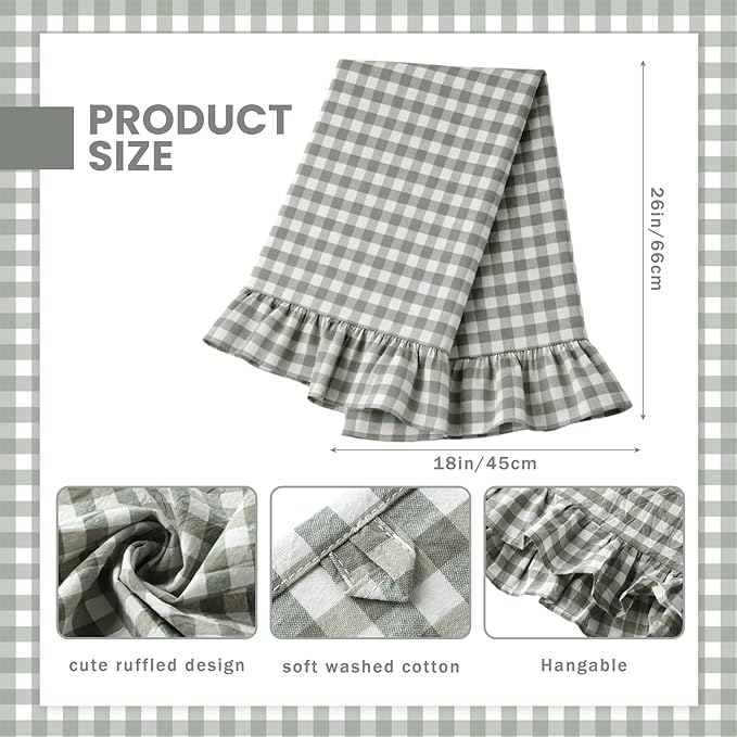 HunnmingRe Sage Green Kitchen Towels Set of 2, 100% Cotton Ruffled Gingham Dish Towels 18"x28" Absorbent Tea Cloths Classic Plaid Pattern for Farmhouse Charm, Drying Dishes, Entertaining Guests