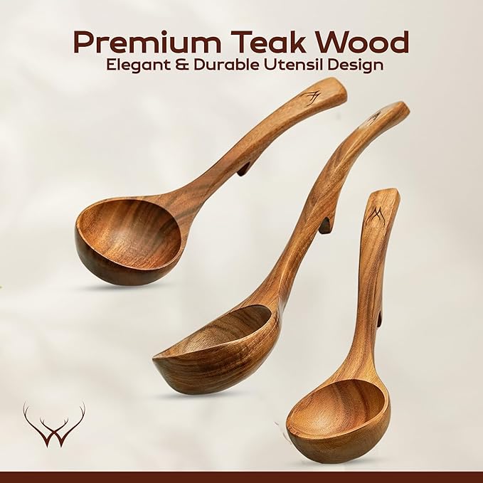 4Pcs Wooden Ladle Set – Teak Wood Soup Spoons with Hook Handles for Cooking, Serving, Stirring – Non-Stick Wooden Spoons for Pot & Bowl Use