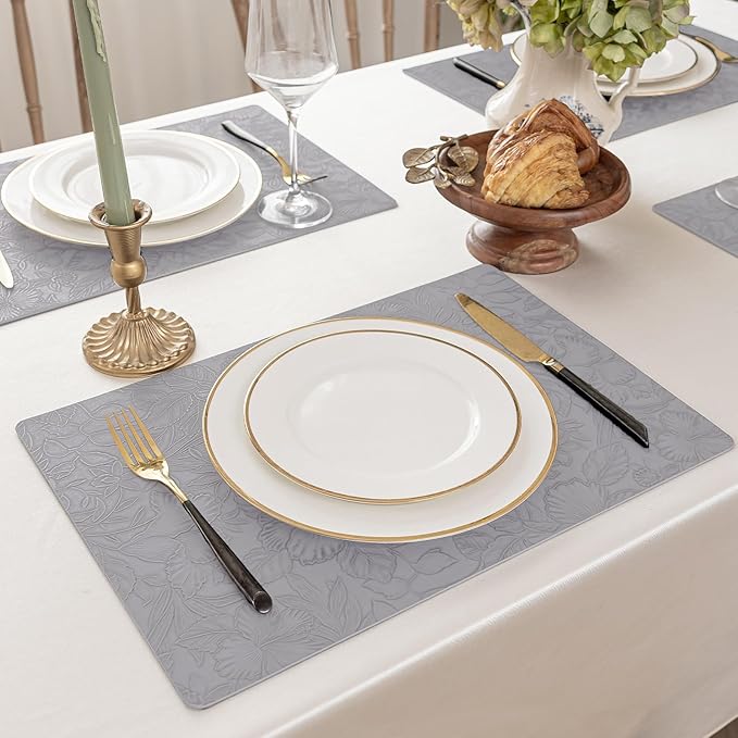 Romanstile Vinyl Placemats Set of 8-12 X 17 Inch - Heat Resistant Non-Slip Embossed Floral Place Mats 100% Waterproof Oilproof Wipeable Faux Leather Table Mats for Kitchen/Dining/Party, Grey