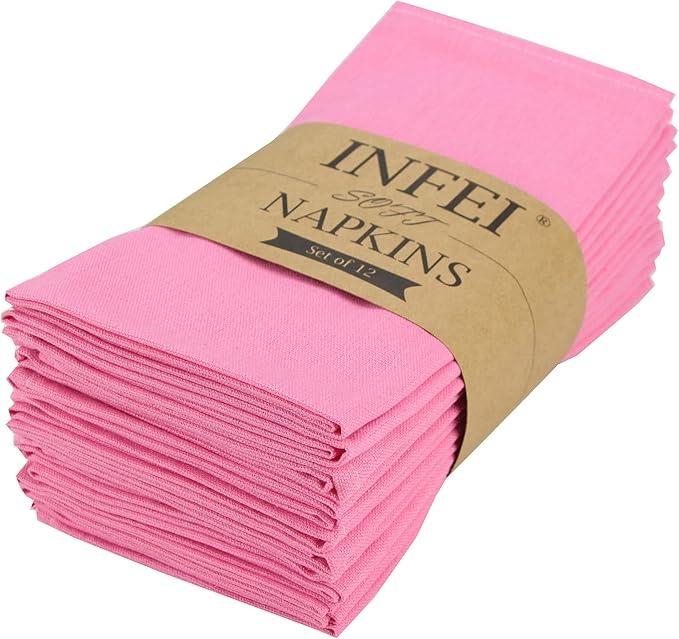 Solid Color Cotton Blended Dinner Cloth Napkins - Set of 12 (17 x 17 inches) - for Wedding Parties Events & Home Use (Pink)