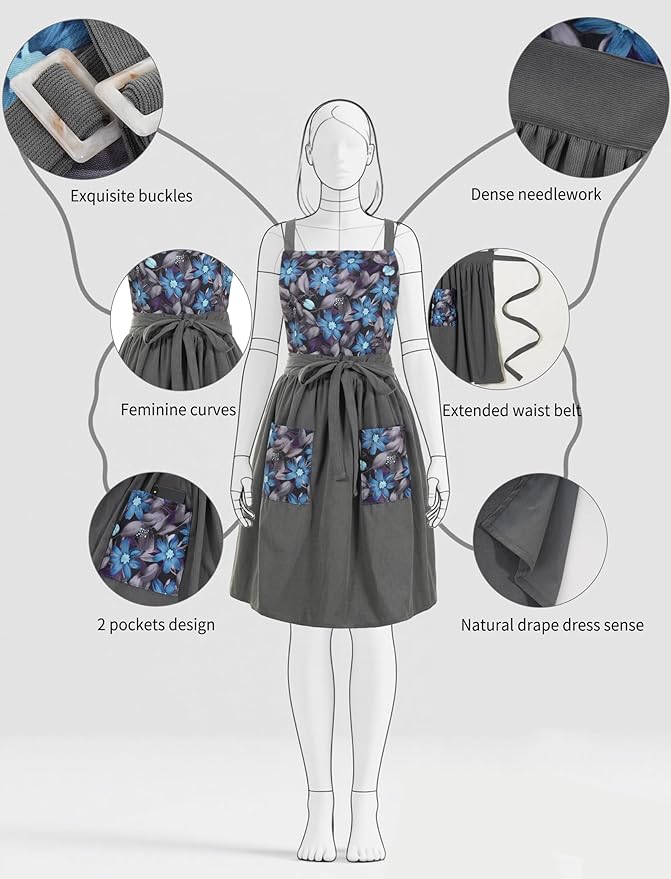 Pinknoke Vintage Pinafore Apron Dress for Women with Pockets Cute Floral Chef Aprons for Kitchen Cooking Baking Gardening