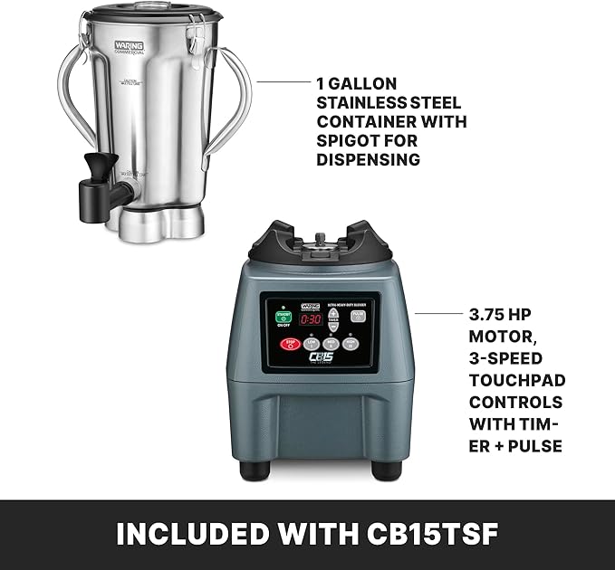 Waring Commercial Heavy Duty Blender, 3.75 HP Variable Speed Timer, 1-Gallon Stainless Steel Jar with Spigot, for Smoothies Soups & Sauces, CB15TSF