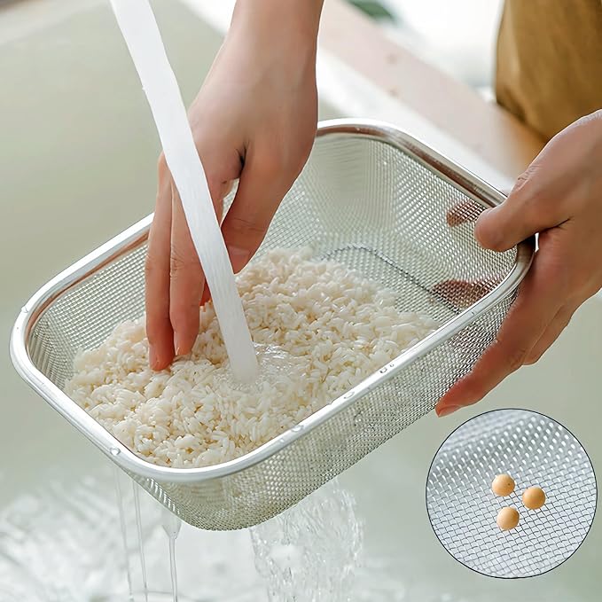 18/8 Stainless Steel Fine Mesh Strainer Basket with Feet, Rectangular Colander for Vegetables, Fruits, Pasta, Noodles – Rustproof, Durable & Easy to Clean (7.48 inch)