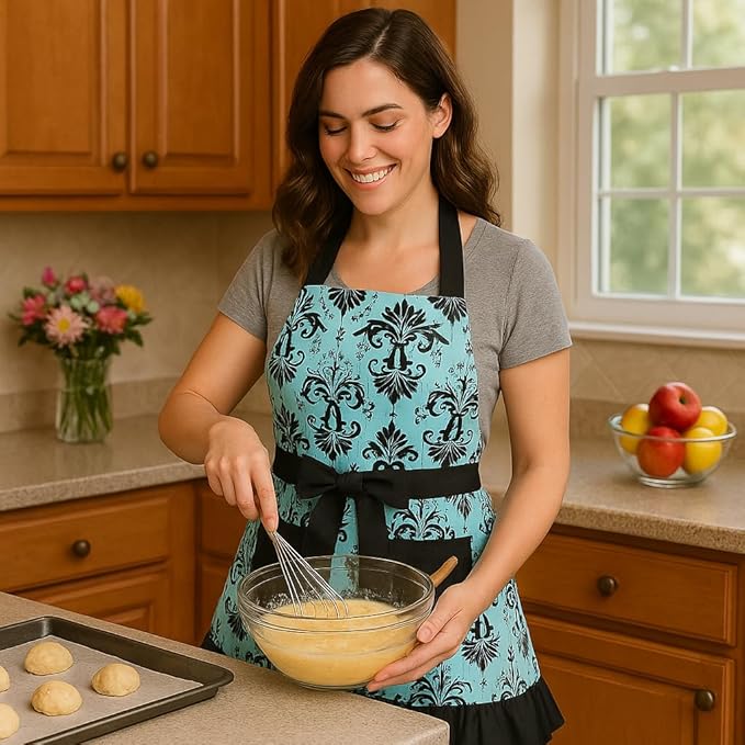 G2PLUS Cotton Vintage Damask Apron for Women, Adjustable Neck & Big Pocket, Blue & Black Cute Ruffle Kitchen & Baking Apron for Christmas Holiday Gift