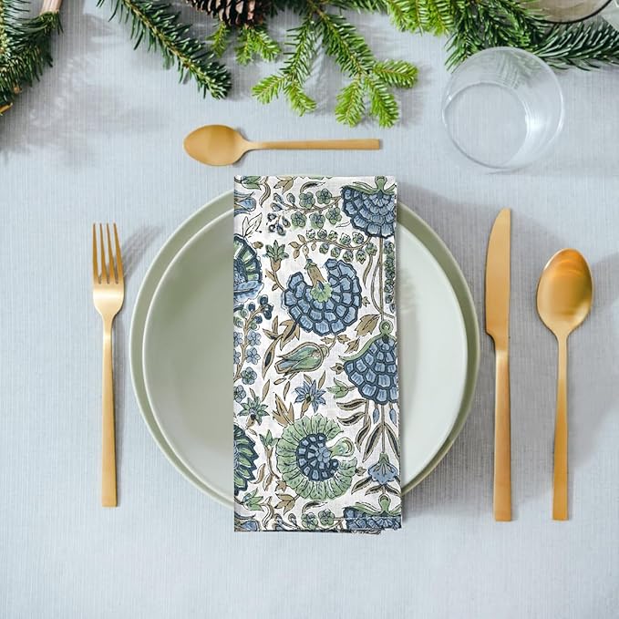 Ridhi Asparagus Green Hand Block Print 100% Cotton Napkins 18" x 18" (Set of 4) Reuseable Kitchen Napkins Cloth Decor Dinner Party Wedding Cocktail Gift for Spring, Easter, Valentine