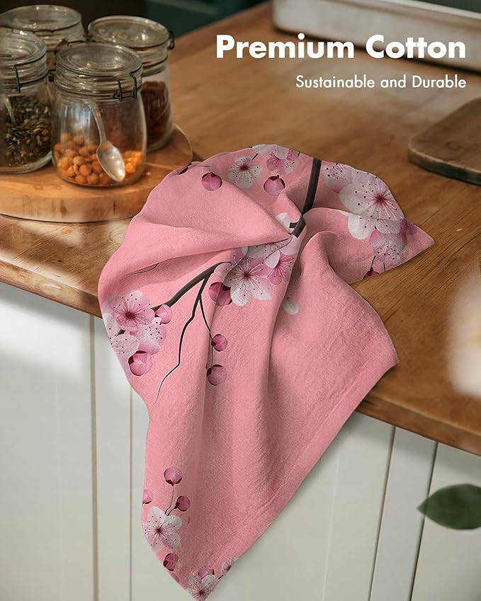 Miss Adola Flour Sack Kitchen Towels - Set of 2 Cotton Dish Towels with Hanging Loop Decorative 18x26 Inch Absorbent Cute Design for Housewarming Gifts, Pink Blossom