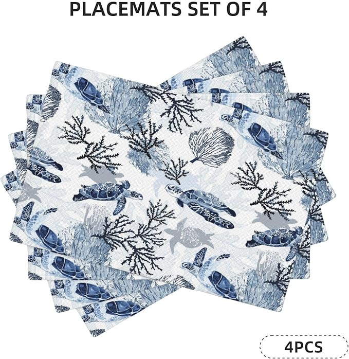 Ocean Themed Linen Placemats Set of 4, Blue White Turtle Coral Heat-Resistant Washable Non-Slip Place Mats for Kitchen Dining Table, Gift for Navy Beach Sea Life Lovers, Kitchen Home Decor Essential