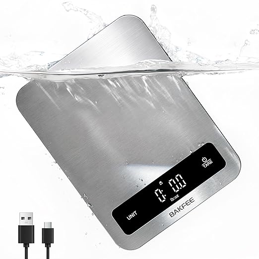 100% Waterproof Food Scale, IP67 Digital Kitchen Scale, Rechargeable (USB-C), 0.1oz/1g Precision, 22lb Capacity, Stainless Steel & Tempered Glass, Large Wide-View Display, Tare, 6 Units, Black