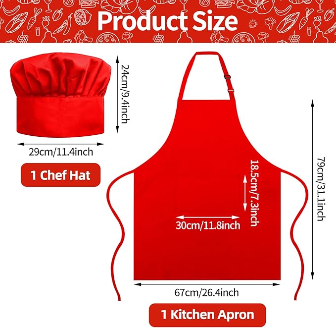 Chef Apron and Hat Set, Chef Hat and Kitchen Apron with Front Pockets for Adult