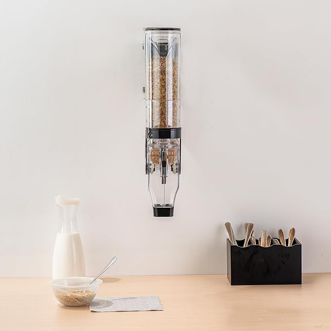 Restaurantware Cereal Dispenser 2 gal Plastic Wall-Mounted Gravity Bin Candy Dispenser Self-Serve Black Dry Food with Wall Mount Brackets for Breakfast Buffet or Hotel Use