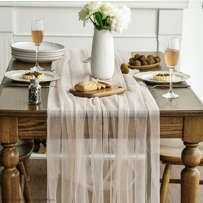Artoid Mode 6PCS Peach Gauze Table Runner 120 Inch 10FT, Seasonal Sheer Kitchen Dining Holiday Wedding Birthday Baby Shower Table Decor for Home Party