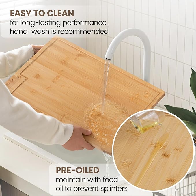 Kikcoin Bamboo Cutting Boards for Kitchen, 2XLarge Wood Cutting Board with Rotating Kickstand & Juice Groove, Wooden Chopping Board for Meats Veges Fruits, Heavy Duty Serving Tray, 20 x 14 inch