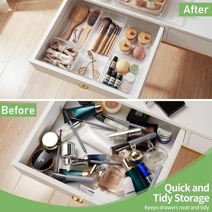 8 PCS Clear Plastic Drawer Organizer Tray, Acrylic Vanity Bathroom Drawer Organizers Trays, Desk Drawer Organizer Bins for Cosmetic, Makeup, Kitchen, Office, Junk Drawer Divider Organization