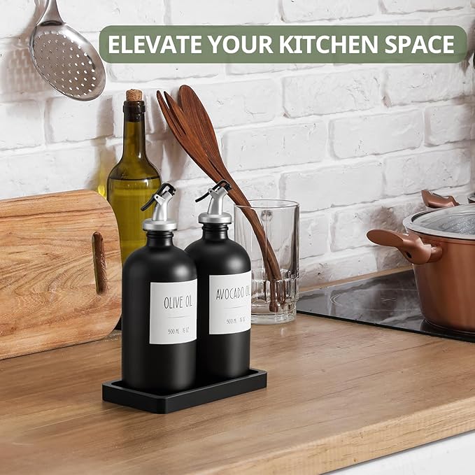 Olive Oil Dispenser Bottle for Kitchen, 16oz Glass Oil and Vinegar Cruet Set with Wood Tray & 54 Labels - Coffee Syrup Dispenser - Black Kitchen Decor and Accessories - Set of 2