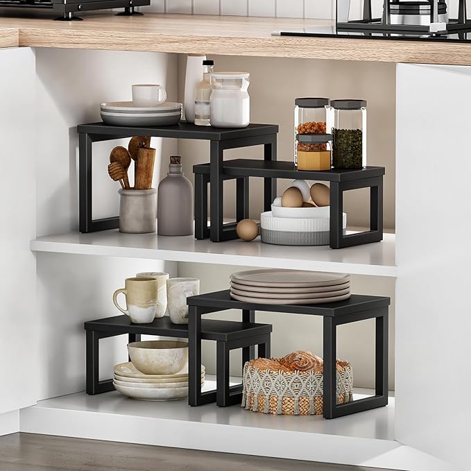 HOOBRO Cabinet Organizer Shelf, Set of 2 Kitchen Counter Shelves, Expandable Kitchen Storage, Stackable Bamboo Spice Rack, for Kitchen, Countertop, Office Desk, Living Room, Black BK20TL01