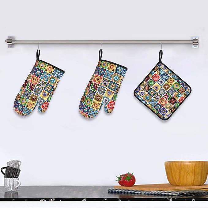 Mexican Talavera Tile Oven Mitts and Pot Holders Sets of 3, Heat Resistant Non-Slip Polyester Colorful Talavera Kitchen Gloves Gifts for Cooking Lovers, Vibrant Kitchen Decor for Baking BBQ Cooking