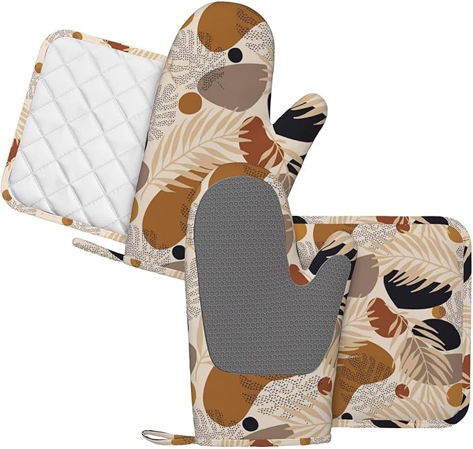 Boho Tropical Leaves Oven Mitts and Pot Holders 4 pcs Set Silicone Botanical Plant Kitchen Oven Mitt Gloves Farmhouse Pot Holders Non-Slip Heat Resistant Cooking Mitts Set for Kitchen Baking