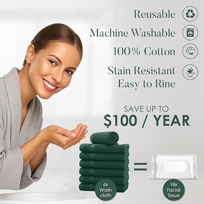 DAN RIVER 12-Pack Premium 100% Cotton Huntergreen Face Towels for Bathroom - Reusable Face Wash Cloths for Showering 12x12 Inches - 550 GSM Super Soft & Absorbent Luxury WashCloths for Body, Spa & Gym