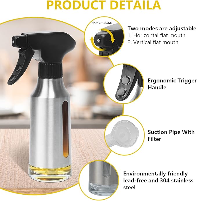 Spray Bottle,180ml Olive Oil Sprayer for Cooking,Stainless Steel Oil Spray Bottle Mister for Air Fryer,Canola Spritzer Bottles for BBQ, Salad, Vinegar,Kitchen Baking, Roasting