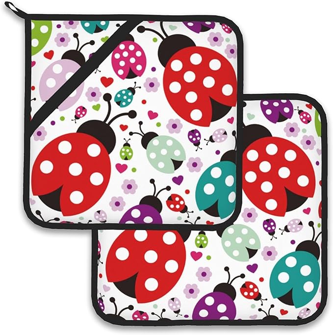 Ladybug Flower Pot Holder Set of 2,Heat Resistant Potholders Oven Hot Pads for Kitchen Cooking Baking BBQ