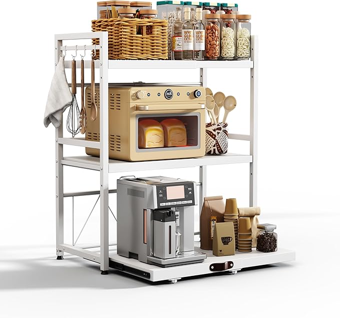NETEL Expandable Microwave Stand,3 Tier Metal Kitchen Countertop Organizer Shelves with 8 Hooks,Bakers Rack,Pull-Out Microwave Shelf,Metal Storage Shelves,110lbs Weight Capacity,White
