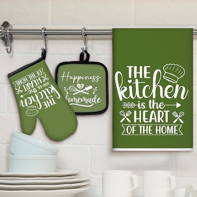 Sratte 6 Pcs Kitchen Decor Accessories Set Farmhouse Towels Pot Holders Oven Mitts Set 2 Dish Towels 2 Potholders 2 Cooking Mittens Oven Glove for Christmas Baking Cooking(Avocado Green,Kitchen)