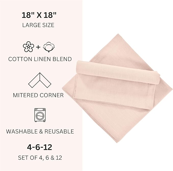 FINGERCRAFT Dinner Cloth Napkin Cotton Linen Blend 12 Pack Natural Premium Quality Mitred Corner for Every Day Use Pre Shrunk and Good Absorbency 18x18 in Easter Color Peach