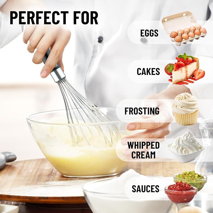 Zulay Kitchen Stainless Steel Balloon Whisk 11 Inch – Durable Wire Whisk with Soft Grip Silicone Handle – Versatile Kitchen Whisk for Blending, Beating, Frothing, Stirring & More - Black