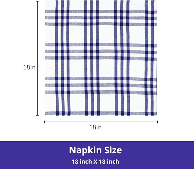 PurpleEssences Homestead Plaid Cloth Napkins - Mitered Corners - Spring Easter Summer - Check Dinner Napkin - Set of 12-100% Cotton - 18x18 Inch - Reusable Washable - Blue and White