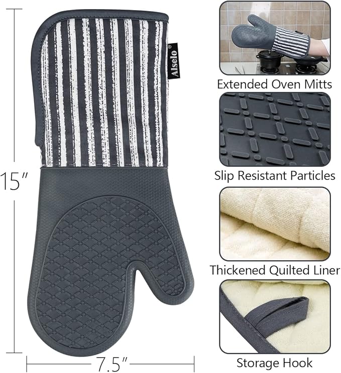 Alselo Silicone Oven Mitts Heat Resistant 932℉ with Waterproof & Non-Slip Kitchen Mittens, Set of 2 Extra Long Oven Gloves with Soft Cotton Terry Lining for Baking Cooking Barbecue