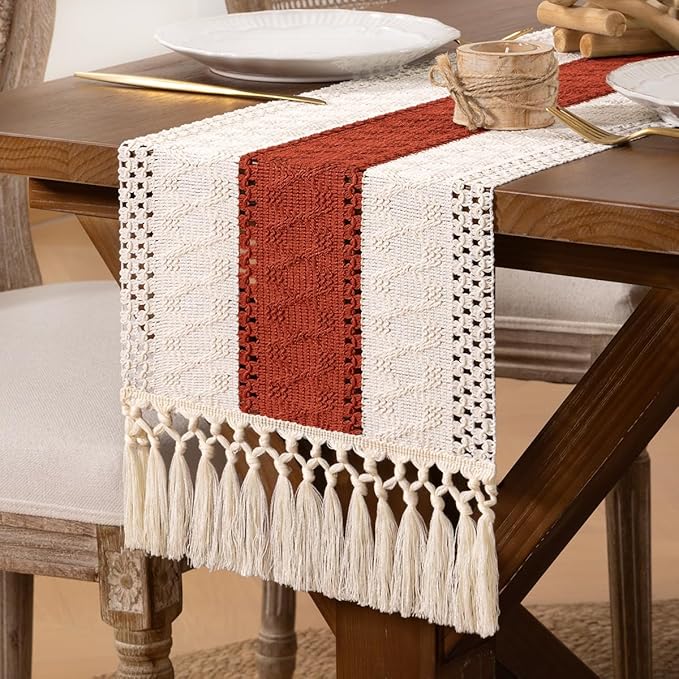 DeZerlor Boho Macrame Table Runner Terracotta Spring Easter Farmhouse Woven Table Runner with Tassels 60 Inches Ivory& Rust Cotton Linen Kitchen Table Decor for Dining Dresser Home Tea Table Decor