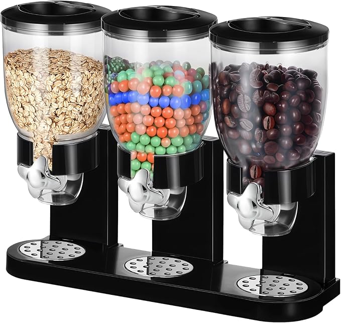 Triple Food Dispenser, 3 Pack 2L/67oz Cereal Dispenser Countertop, Cereal Containers Storage Airtight, Rotating Black Plastic Dry Food Dispenser, Candy Dispenser for Cereal, Rice, Candy, Coffee Beans