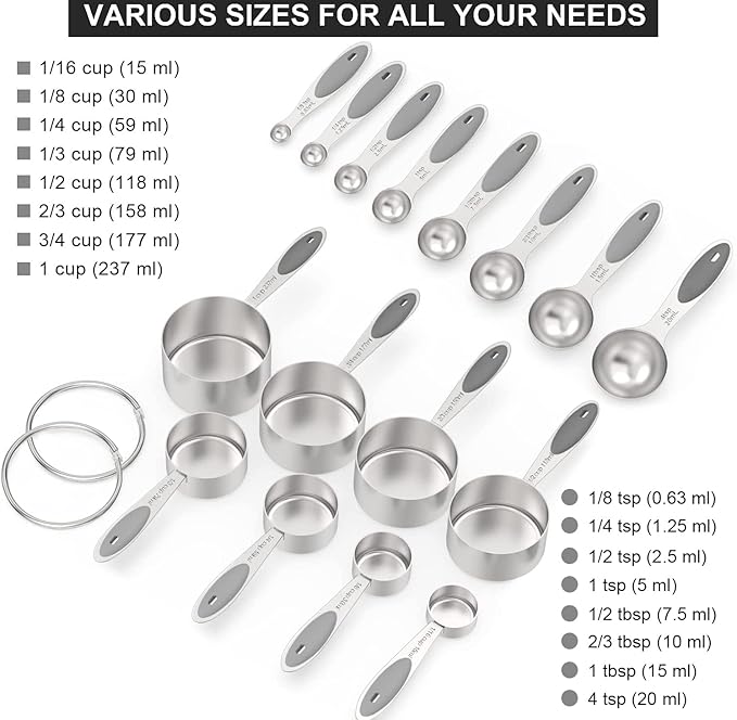 Measuring Cups & Spoons Set of 16, Wildone Stainless Steel Measuring Cups and Measuring Spoons with Gray Silicone Handle, Including 8 Nesting Cups, 8 Spoons, for Dry and Liquid Ingredient