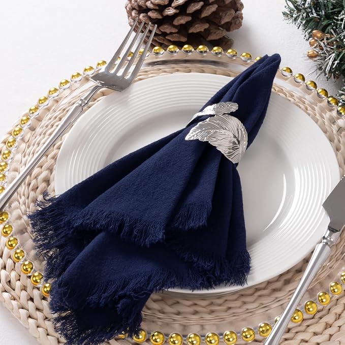 DeZerlor 12 Pack Navy Blue Cotton Linen Napkins with Fringe Spring Cloth Napkins Set of 12 Boho Handmade Dinner Napkins Bulk for Wedding Bridal Baby Shower Parties, 17 x 17 Inches