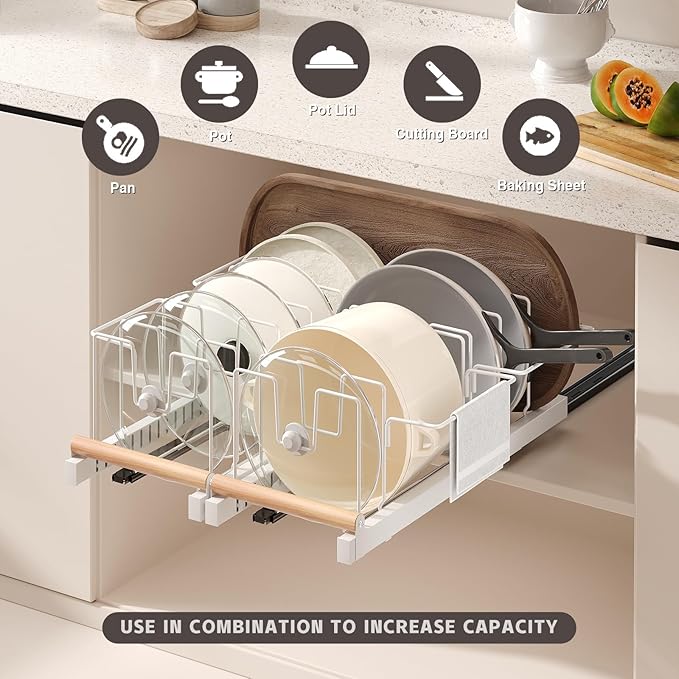 Magheo 2 Pack Pull Out Pots and Pans Organizer Under Cabinet, 22" Deep Expandable Pot Lid Organizer and Storage with 10 Adjustable Dividers Adhesive Pot and Pan Holder Rack with Handle Bracket(White)
