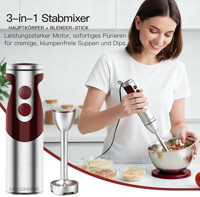 MegaWise Pro Titanium Reinforced 3-in-1 Immersion Corded Hand Blender, Powerful MOTOR with 80% Sharper Blades, 12-Speed Corded Blender, IncludingWhisk and Milk Frother (3-in 1 Red)