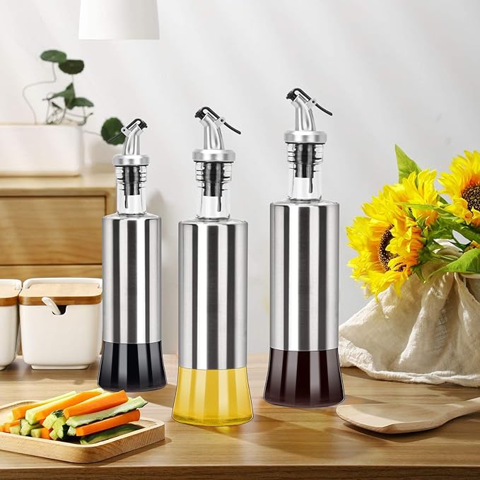 onlyfire Olive Oil and Vinegar Dispenser Set - 2Pack, 12 Oz Stainless Steel Oil Bottles Dispenser for Kitchen Cooking and BBQ (2PCS Funnel included)