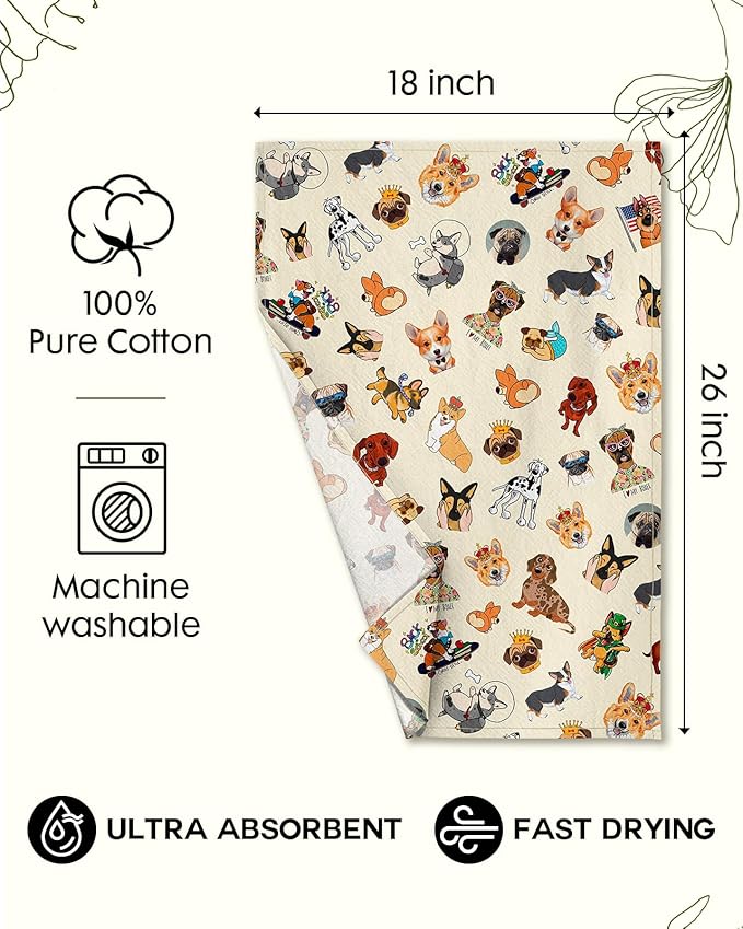 Miss Adola Flour Sack Kitchen Towels - Set of 2 Spring Dish Towels with Hanging Loop 18x26 Inch Absorbent Reusable Cotton Cloths for Cleaning Cute Design Home Decorative Housewarming, Dog Lovers