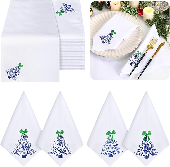 HunnmingRe 12 Pcs Christmas Tree Blue and White Cloth Napkins Chinoiserie Embroidered Cotton Hand Towels Blue Guests Napkin for Xmas Holiday Weddings Dinner Parties Washable 17x17 Inch