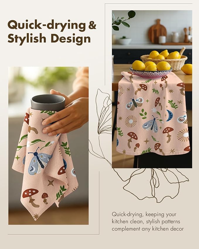 Miss Adola Flour Sack Kitchen Towels - Set of 2 Cotton Dish Towels with Hanging Loop Decorative 18x26 Inch Absorbent Cute Design for Housewarming Gifts, Mushroom