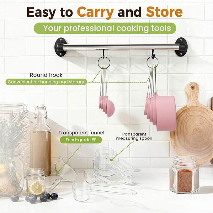 16PCS Measuring Cups and Spoons Set, Measuring Spoon Set with Metric and US Measurements, Fits for Measuring Dry and Liquid (Pink)