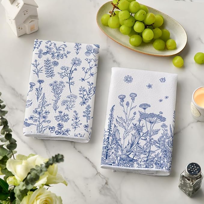 Artoid Mode Blue Antique Herbs Wild Flowers Leaves Spring Kitchen Towels Dish Towels, 18x26 Inch Seasonal Decoration Hand Towels Set of 2